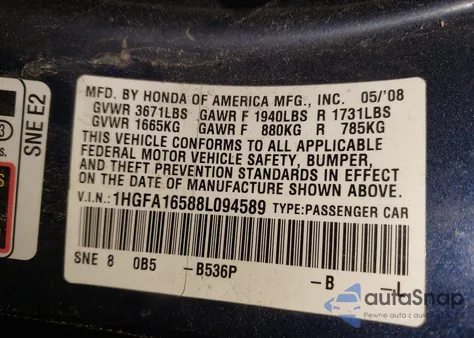 2008 Honda Civic Lx из США, поврежденный, VIN 1HGFA16588L094589